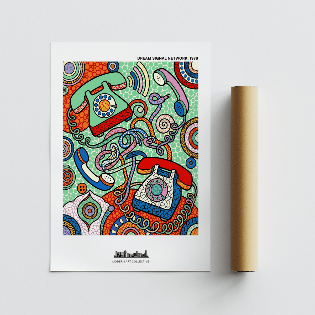 Modern graphic telephone wall art print with bold outlines and patterned fills