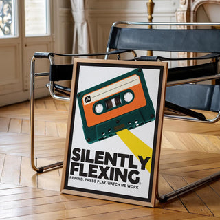 Retro cassette poster featuring vintage mixtape design with yellow tape ribbon.