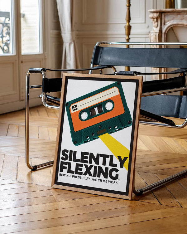 Retro cassette poster featuring vintage mixtape design with yellow tape ribbon.