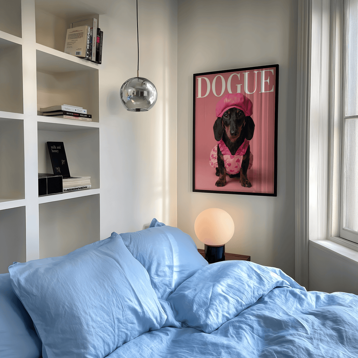 Fashion Dachshund Wall Art wall art print in pink, black, brown, white on living room wall