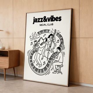 Close-up of Jazz Music Wall Art typography reading jazz&vibes social club above musicians