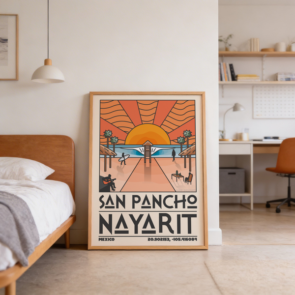 Retro travel wall art print featuring large sun over ocean and curved wave lines