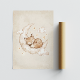 Whimsical nursery wall art print with fox, crescent moon, and floating clouds