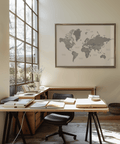 World Map Art art print for study in Gray and White colors