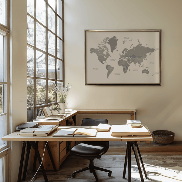 World Map Art art print for study in Gray and White colors
