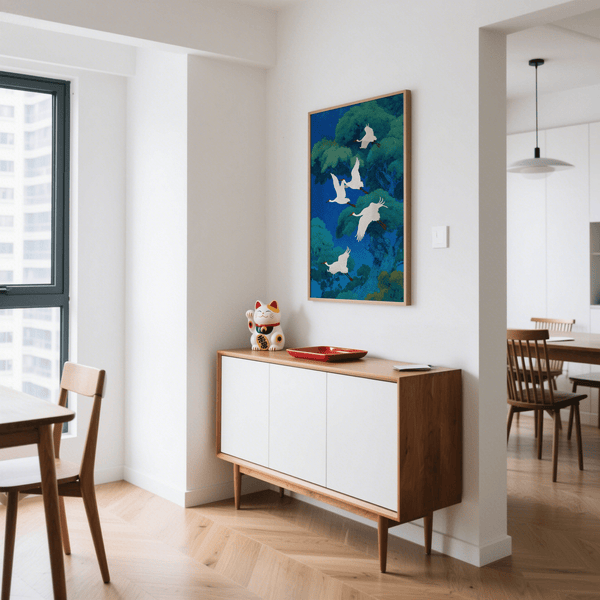 Bird Art Print showcasing white and blue tones for hallway art