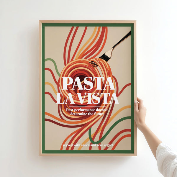 Vintage-style dining room prints with a pasta pun and swirling noodles.