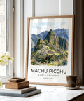 Landscape Machu Picchu Art Print featuring coordinate text below ruins
