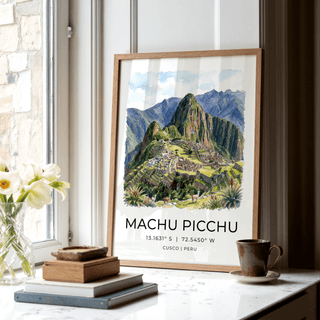 Landscape Machu Picchu Art Print featuring coordinate text below ruins
