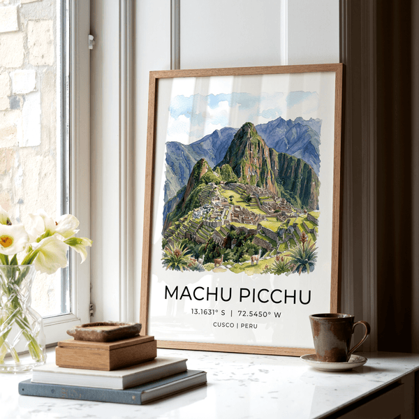 Landscape Machu Picchu Art Print featuring coordinate text below ruins