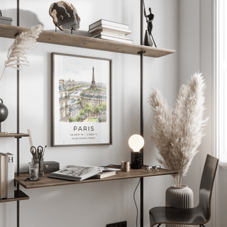 Close-up print detail of Eiffel Tower landmark above Paris skyline in sketch style