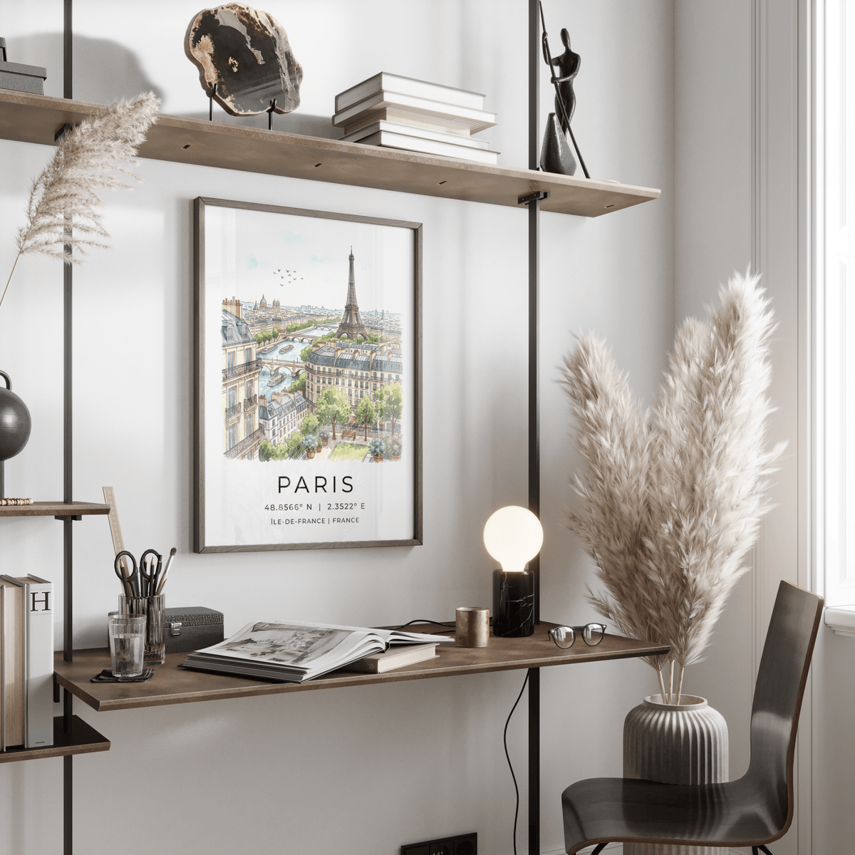 Close-up print detail of Eiffel Tower landmark above Paris skyline in sketch style