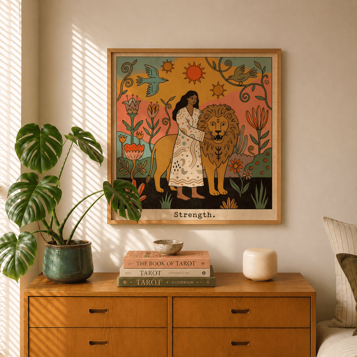 Botanical border with vines and flowers around tarot strength motif