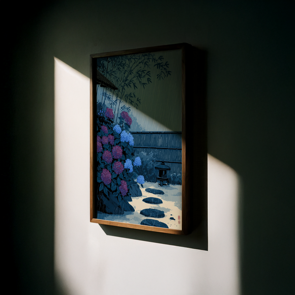 Hydrangea garden print poster with dense blossoms beside a fence and rain streaks