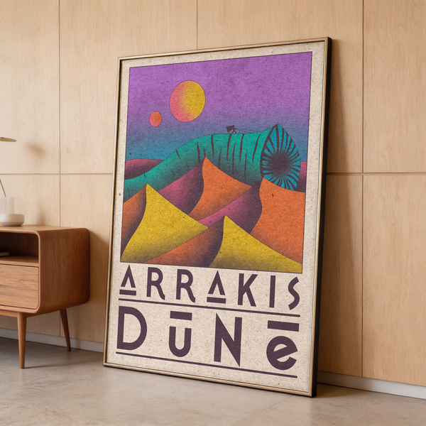 Minimalist sci-fi desert poster print with large worm silhouette over dunes and block typography