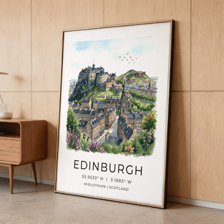 Panoramic Edinburgh travel poster print with castle on rock and birds in sky