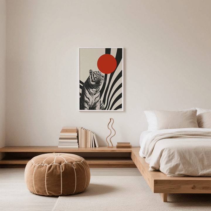 Modern Tiger Poster on a bedroom wall with a sitting tiger and red sun above a wooden shelf