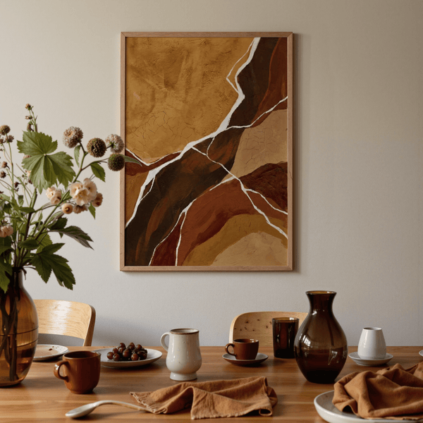 Elegant Abstract Earth Tones Art print featuring brown, red, and beige, ideal for home office