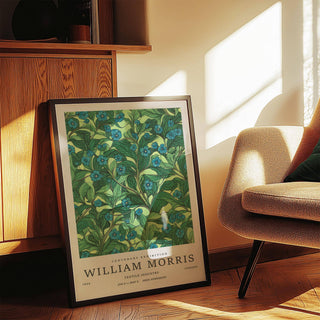 Blue flower accents in green wall art for living room decor