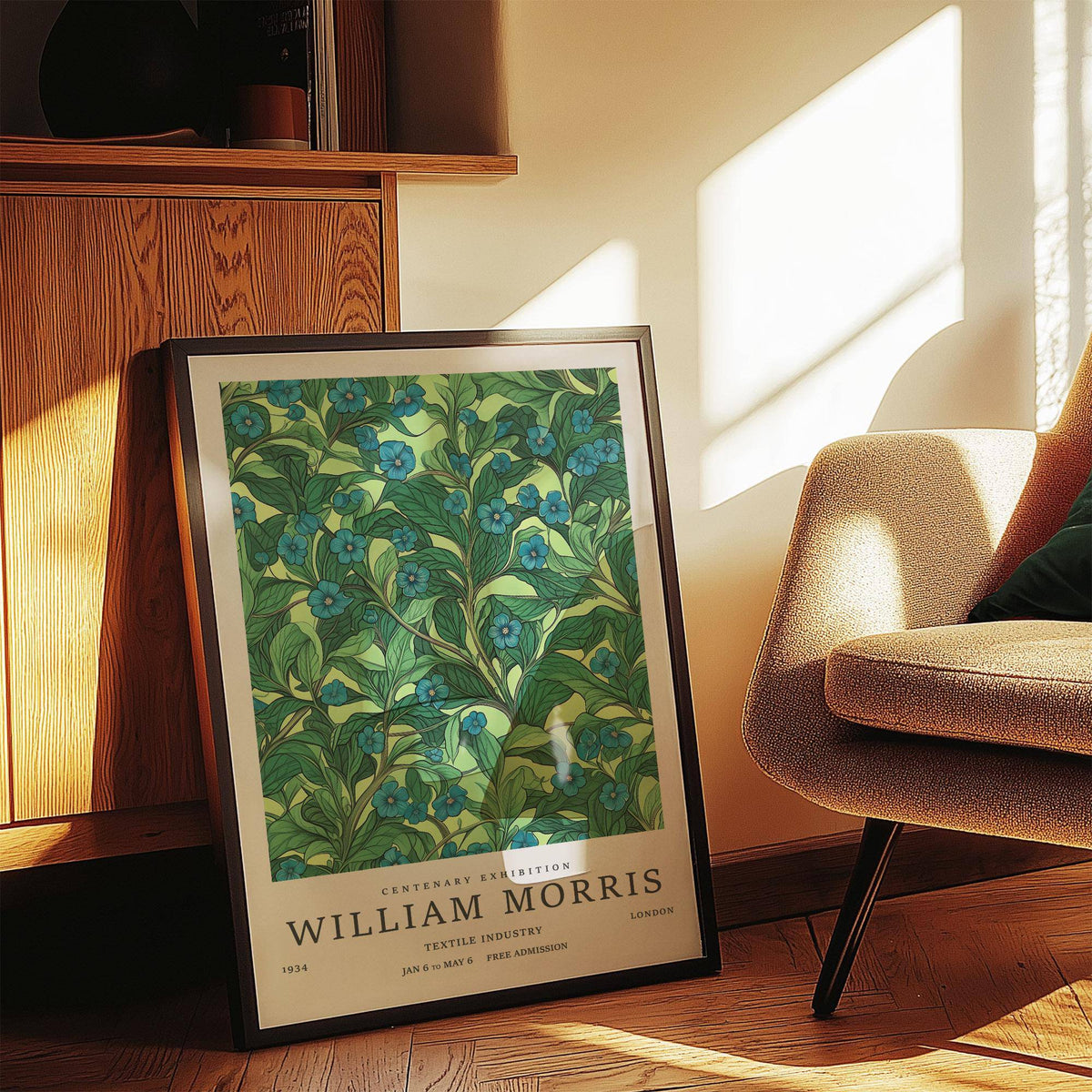Blue flower accents in green wall art for living room decor