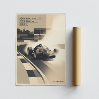 Sports Car Poster with Formula 1 style typography and single-seater car on sweeping bend