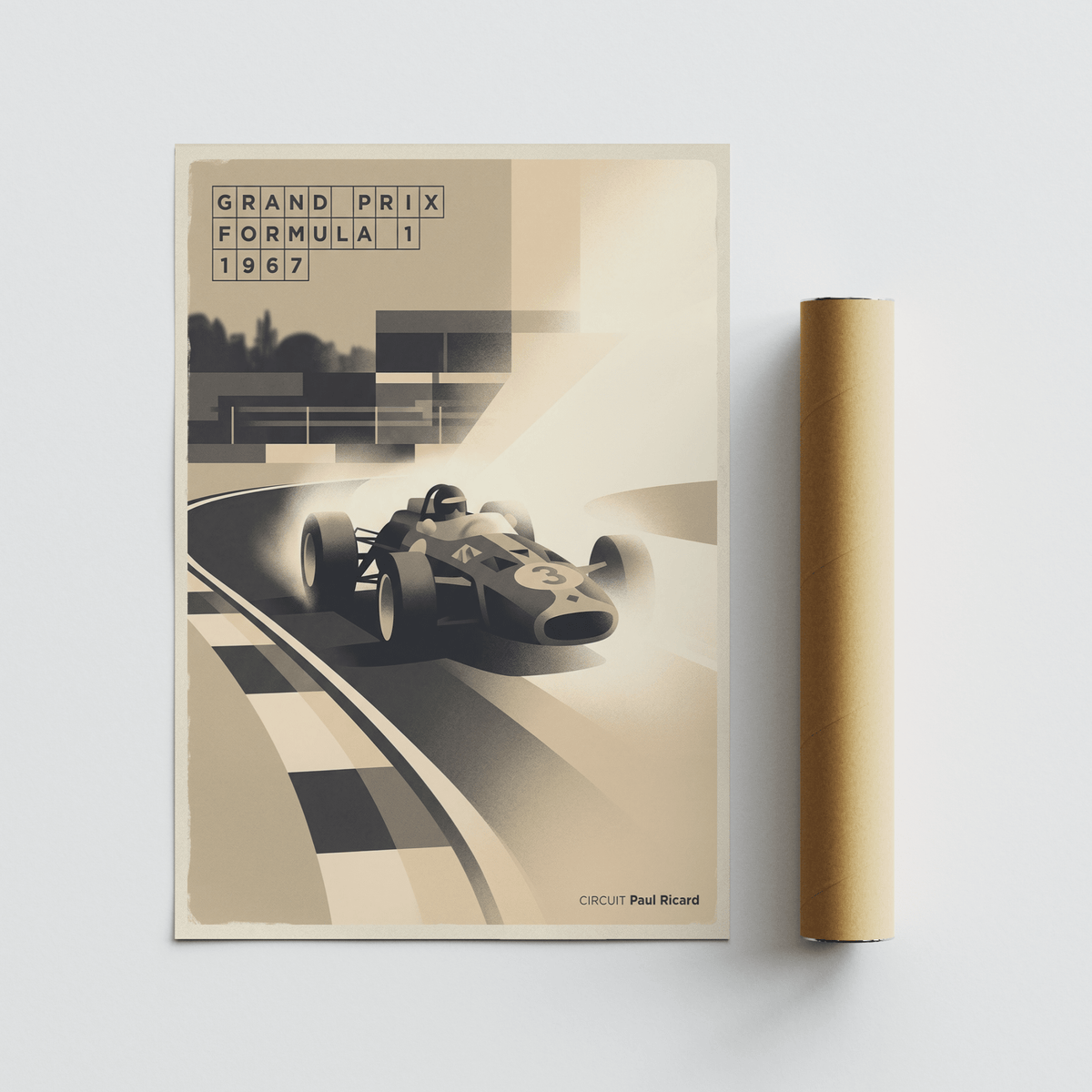 Sports Car Poster with Formula 1 style typography and single-seater car on sweeping bend