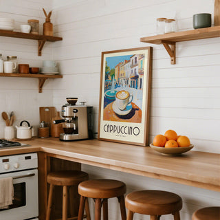 Italian street scene with cappuccino in Watercolor Kitchen Art print