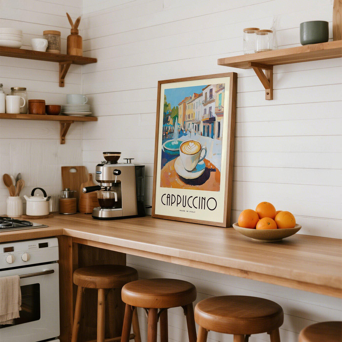 Italian street scene with cappuccino in Watercolor Kitchen Art print