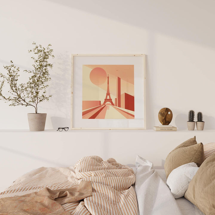 Eiffel Tower Poster Wall Art in minimalist bauhaus style resting on a shelf with plants and cushions nearby in a sunlit room