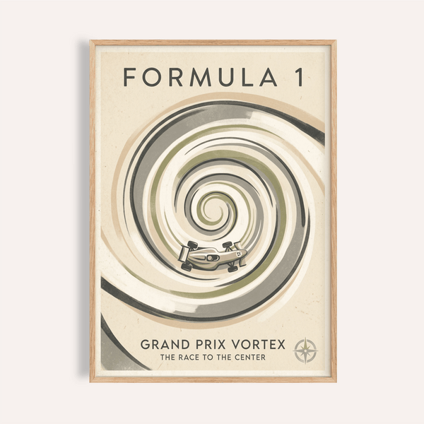 Framed Grand Prix Racing Poster with vortex track and Formula 1 car illustration