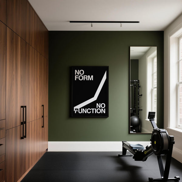 Graphic gym wall art featuring No Form No Function message.