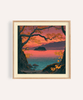 Framed shoreline print with overhanging tree and distant hills