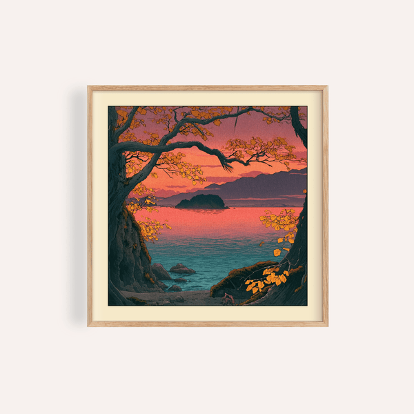 Framed shoreline print with overhanging tree and distant hills