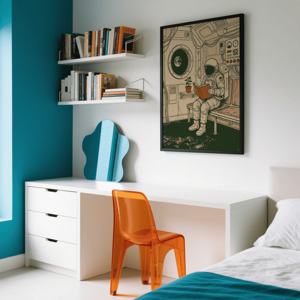 Reading Astronaut Poster showcasing space theme, study room, green beige orange colors