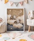 Nursery wall in gray and beige featuring Baby Elephants Nursery Art art print