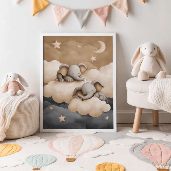 Nursery wall in gray and beige featuring Baby Elephants Nursery Art art print