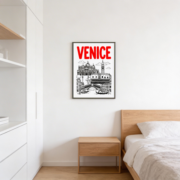 Graphic city illustration print of Venice with large headline letters and detailed facades