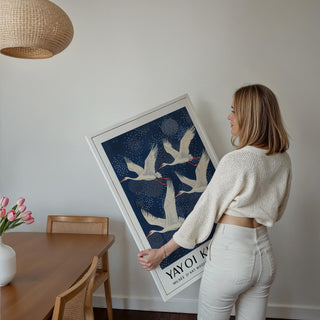 Blue and White Prints for peaceful interiors featuring stylized birds.