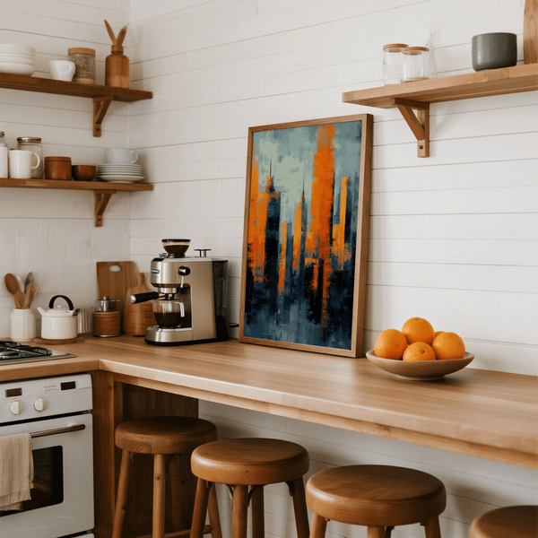 Contemporary Urban Art abstract print in blue and black, ideal for hallway