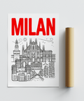 Illustrated Milan skyline wall art print with canal-like perspective lines and bridges