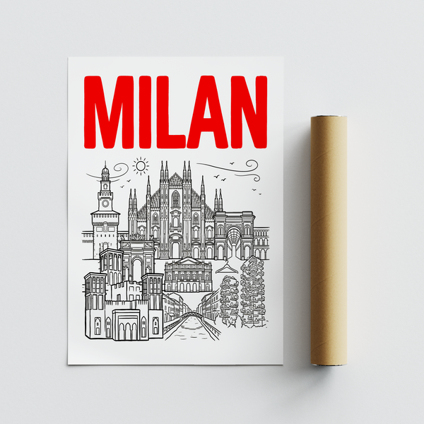 Illustrated Milan skyline wall art print with canal-like perspective lines and bridges