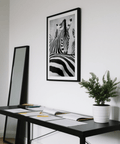 Detailed zebra stripe wall art print with mane texture and sharp lines