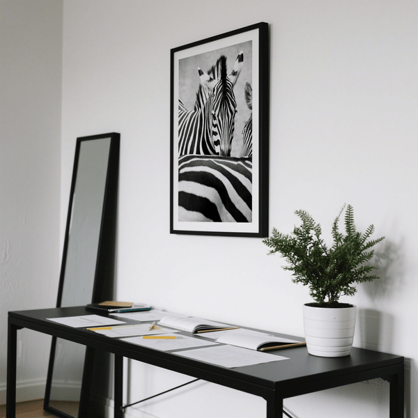 Detailed zebra stripe wall art print with mane texture and sharp lines