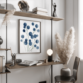 Botanical style Watercolor Flower Wall Art in blue and white for lounge wall art