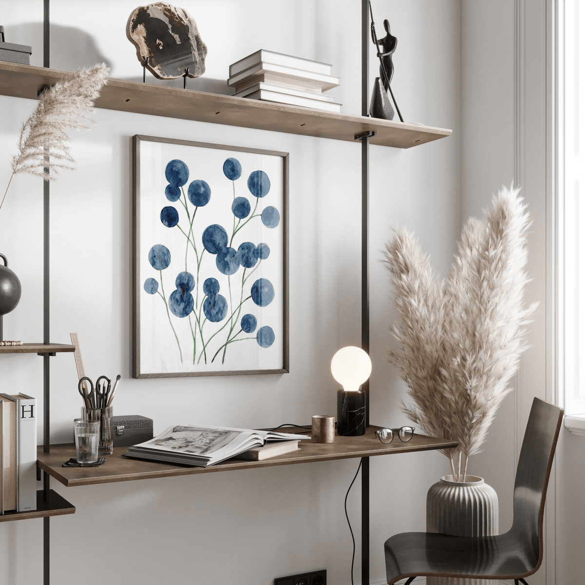 Botanical style Watercolor Flower Wall Art in blue and white for lounge wall art