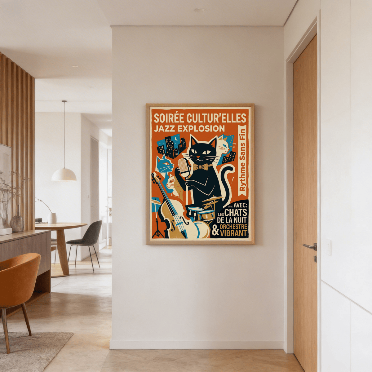 Graphic upright bass detail on retro cat music print