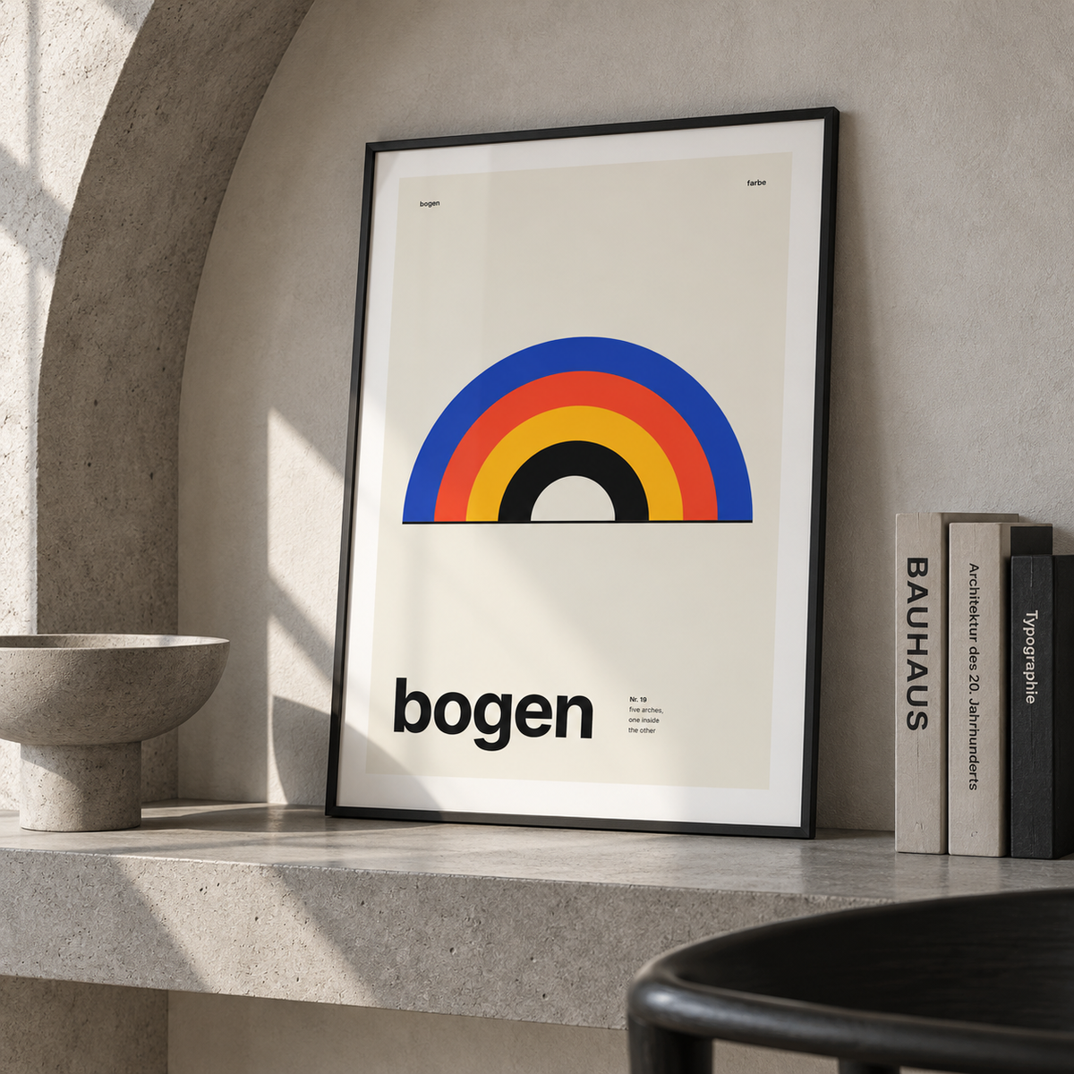 Nested rainbow arches print leaning on a picture ledge