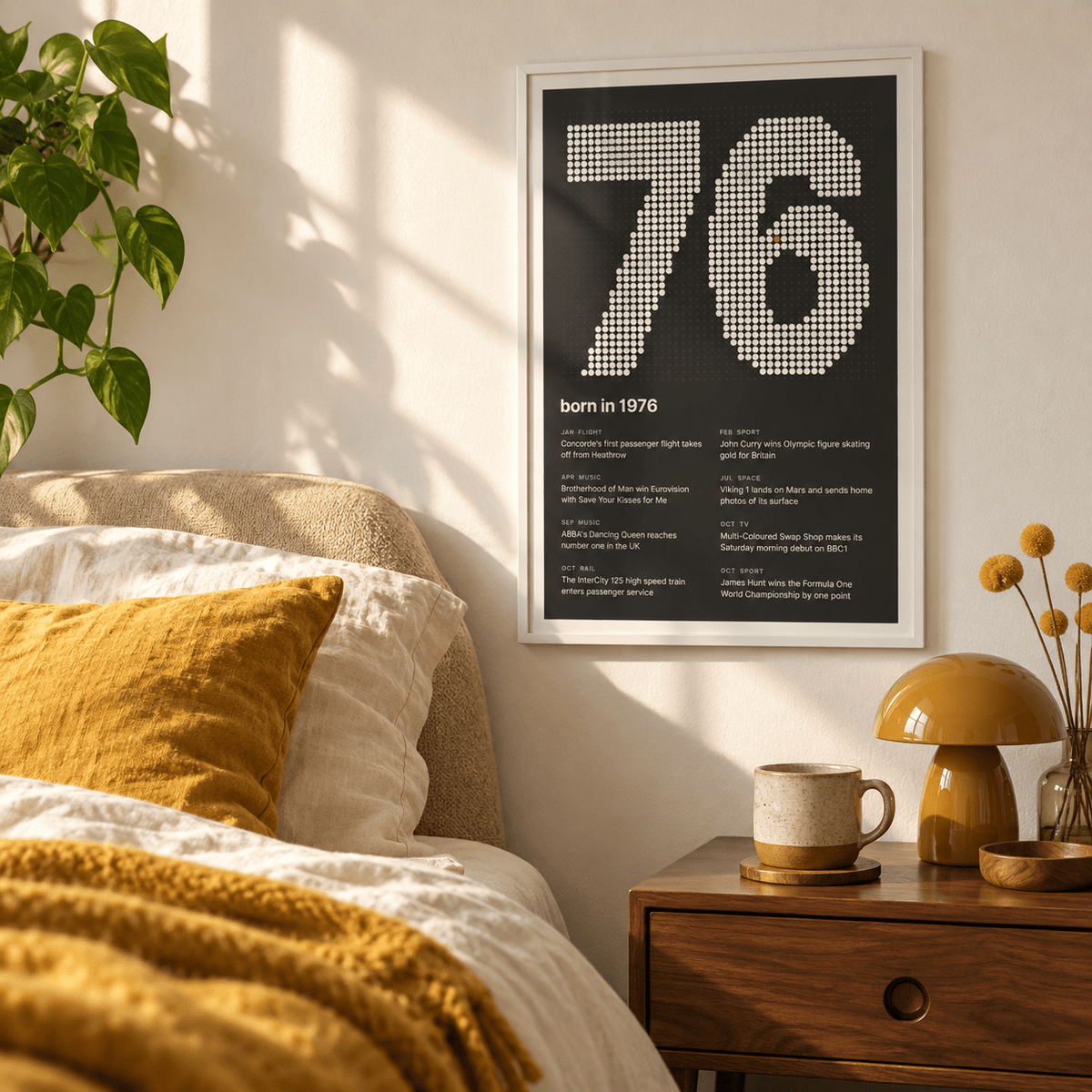 1976 print with the year built from cream dots above simple furniture at home