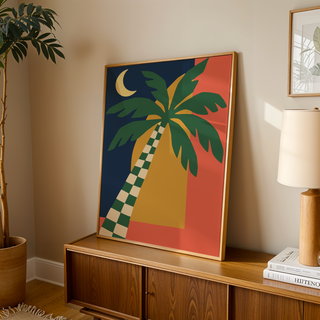 Palm tree print with a checked trunk leaning on a wooden sideboard in a warm living room