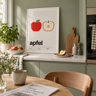 Whole and halved apple print above a sideboard in a kitchen against a sage wall